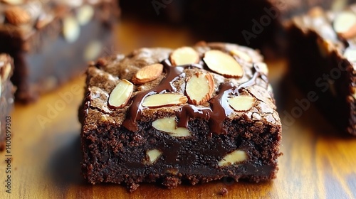 Obraz na płótnie Fudgy brownies with a swirl of chocolate and roasted almond pieces on top w salonie