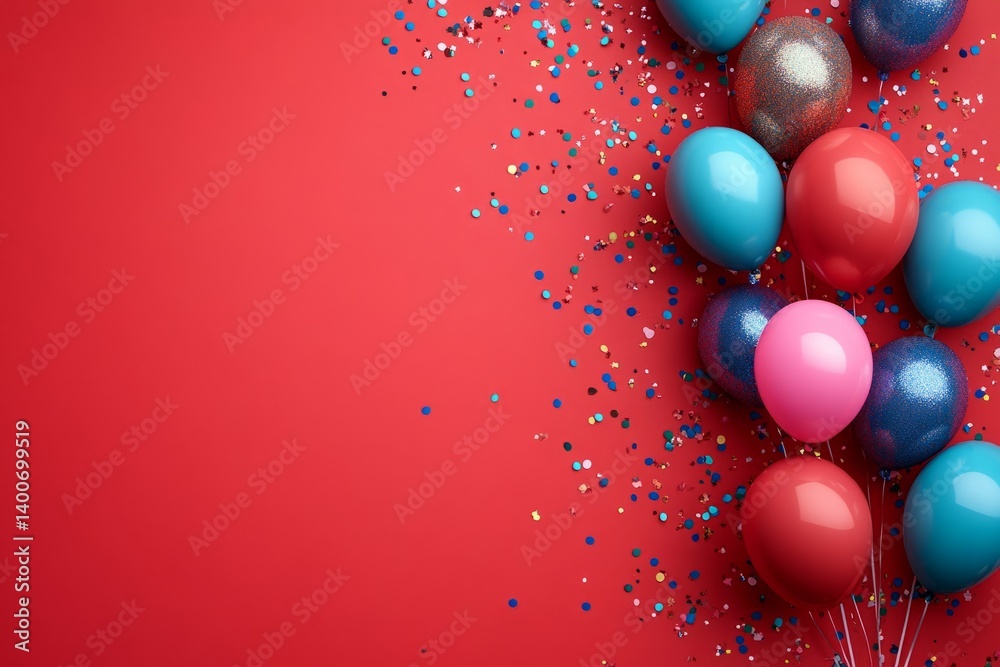 Vibrant balloons and scattered confetti create a celebratory mood, perfect for party or festive occasion on a red backdrop Vibrant balloons and scattered confetti create a celebratory mood, perfect for party or festive occasion on a red backdrop