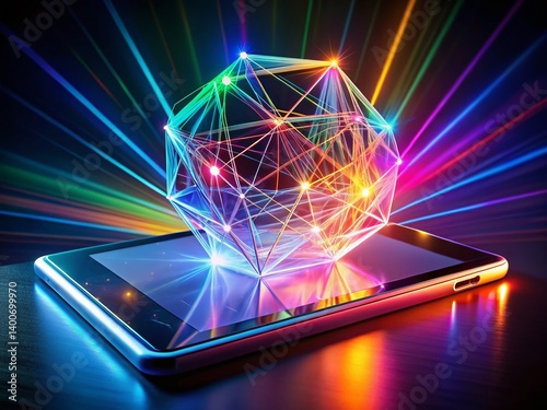 Abstract Polygonal Light Design: Glowing Tablet Screen Long Exposure Stock Photo