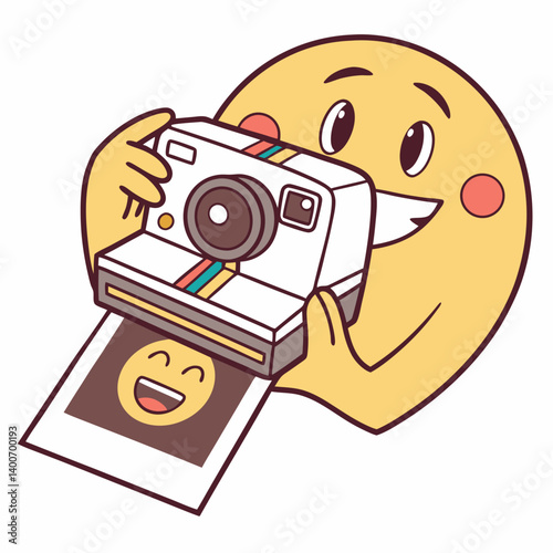 Emoji holding polaroid camera with selfie result