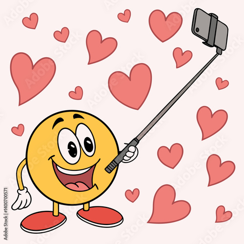 Smiling emoji holding a selfie stick with heart background