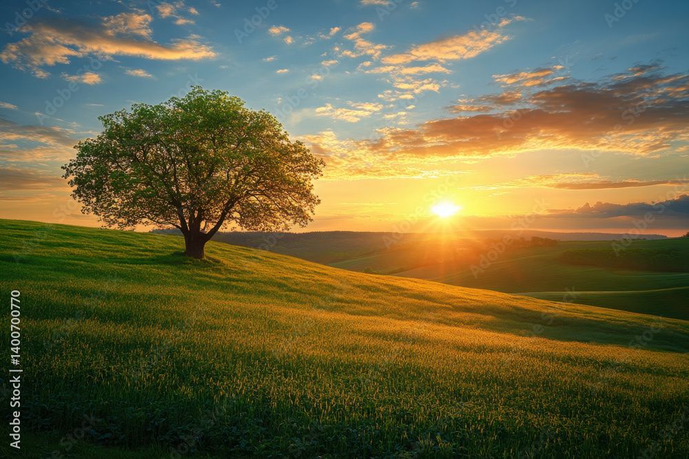 Obraz premium A tree standing tall in a vast green field, under a clear blue sky.