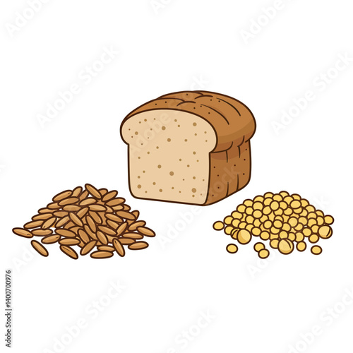 Whole Grain Bread Illustration: A loaf of whole grain bread, a pile of brown rice, and a pile of soybeans, all isolated against a clean white background.