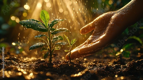 Nurturing New Life: A Hand Gently Protecting Young Plants Under Golden Sunlight and Rain