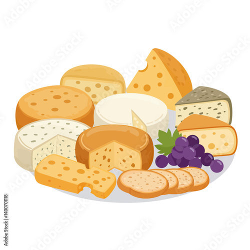 Cheese Platter Delights: A mouthwatering assortment of cheeses, ranging from creamy brie to sharp cheddar, presented with fresh grapes and sliced bread.