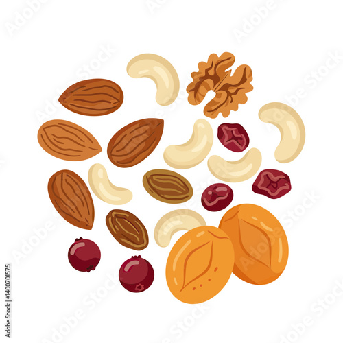Trail Mix Delight: A vibrant mix of almonds, cashews, walnuts, dried cranberries, and dried apricots, arranged artfully for a tempting and healthy snack or ingredient.