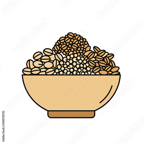 Bowl of Grains: An illustrated bowl of assorted grains, including quinoa, barley, oats, and lentils.  It's a versatile and colorful image, perfect for representing healthy eating and dietary options.