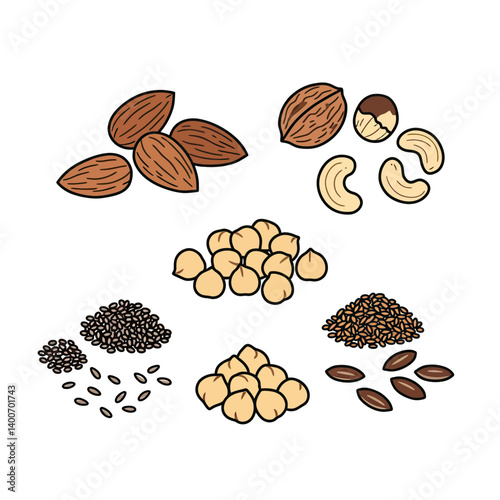 Collection of Healthy Seeds and Nuts: A vibrant collection of healthy seeds and nuts, including almonds, walnuts, cashews, chickpeas, chia seeds, and flax seeds.