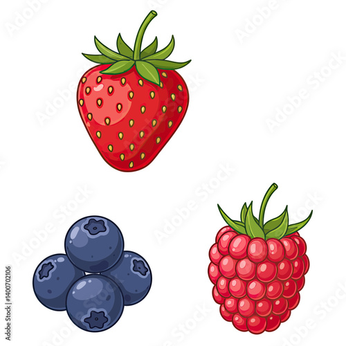 Summer Berries:  Fresh, ripe berries with vibrant colors, including a single strawberry, a cluster of blueberries and a raspberry, perfect for adding a pop of color to any design.