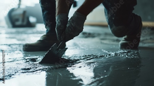 Concrete finisher smoothing out freshly poured cement on a floor. Featuring expertise and finesse