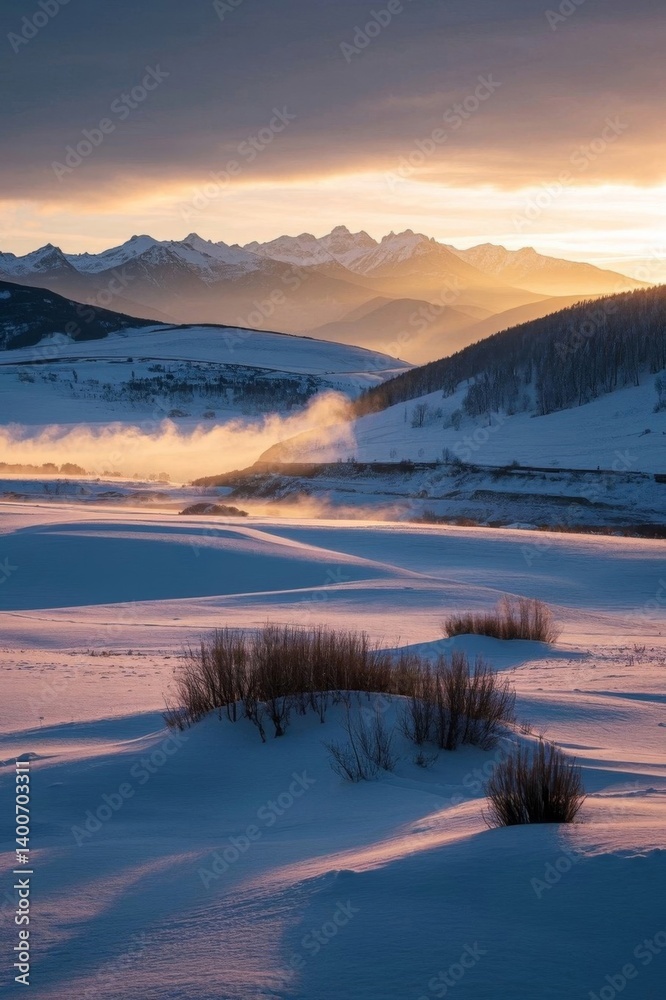 Fototapeta premium snowy landscape with a river and mountains in the distance