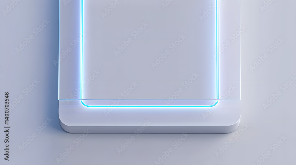 Minimalist Tech Background with Extruded Square and Blue Illuminated Edge. White Surface with Embossed 3D Shape. 3D Render. Minimalist Tech Background with Extruded Square and Blue Illuminated Edge. White Surface with Embossed 3D Shape. 3D Render.