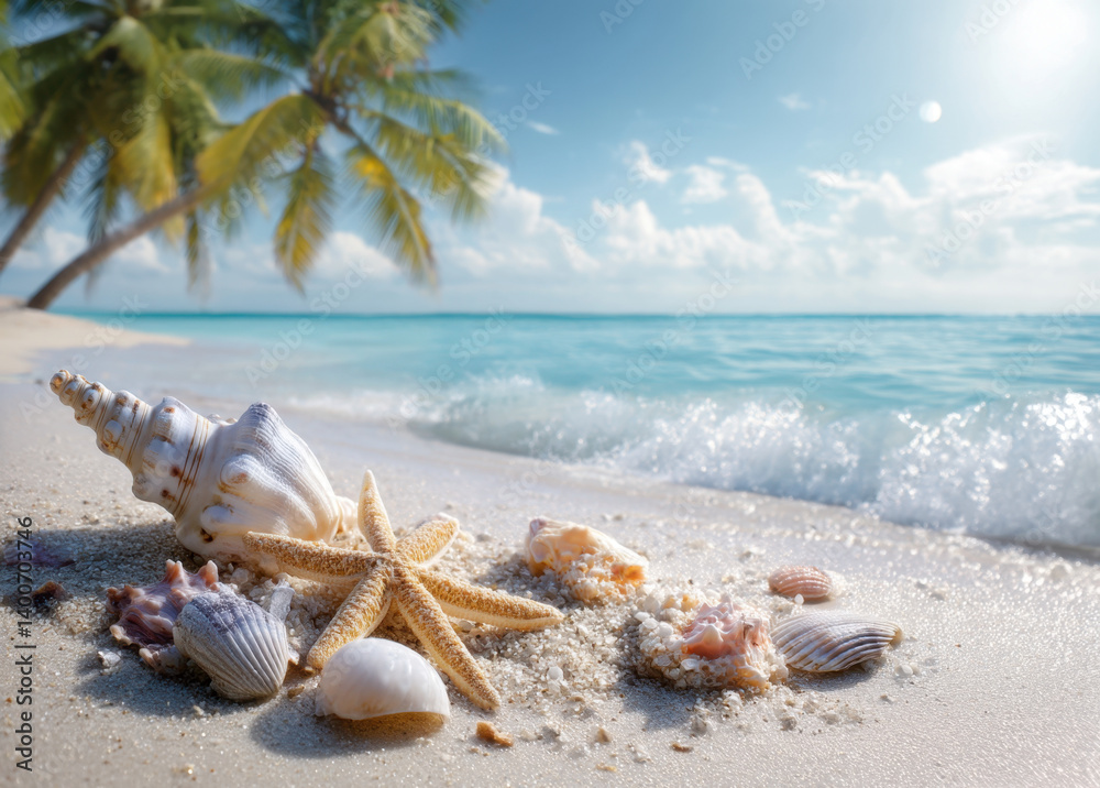 Colorful seashells and a starfish decorate the sandy beach, while gentle waves lap against the shore under a bright sky.