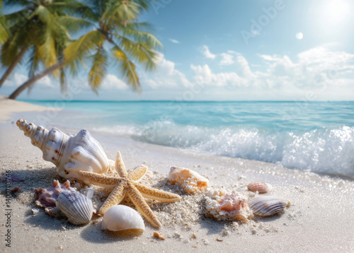 Obraz na płótnie Colorful seashells and a starfish decorate the sandy beach, while gentle waves lap against the shore under a bright sky. w salonie