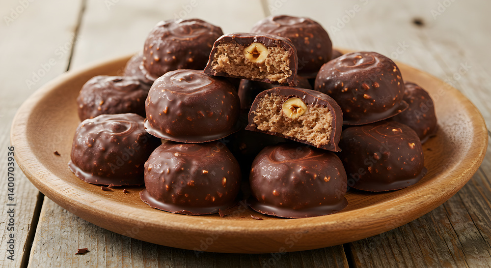 Delicious Chocolate Hazelnut Fat Bombs on a Rustic Wooden Plate Delicious Chocolate Hazelnut Fat Bombs on a Rustic Wooden Plate