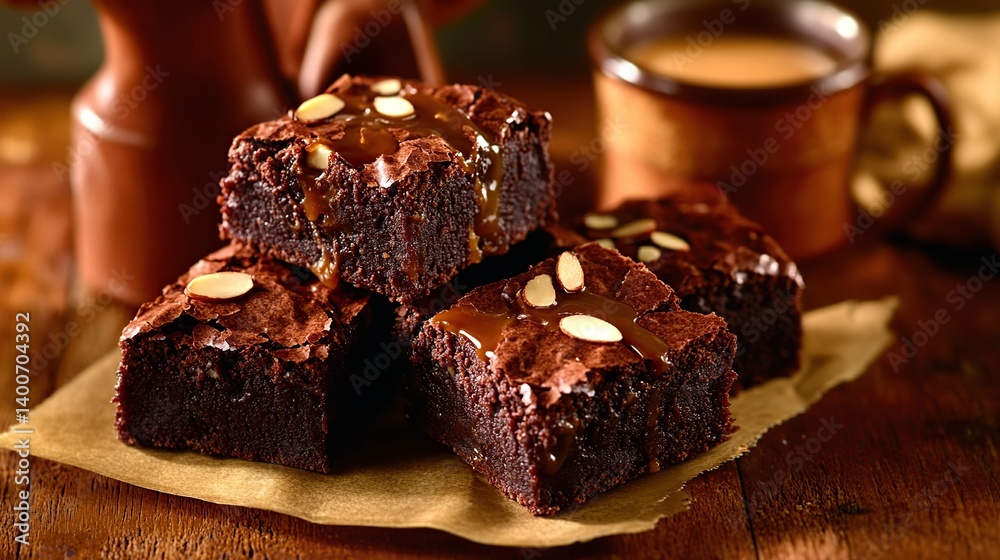 Rich and fudgy brownies with slivers of almond and a drizzle of caramel sauce