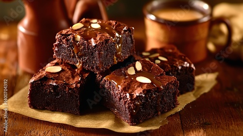 Obraz na płótnie Rich and fudgy brownies with slivers of almond and a drizzle of caramel sauce w salonie