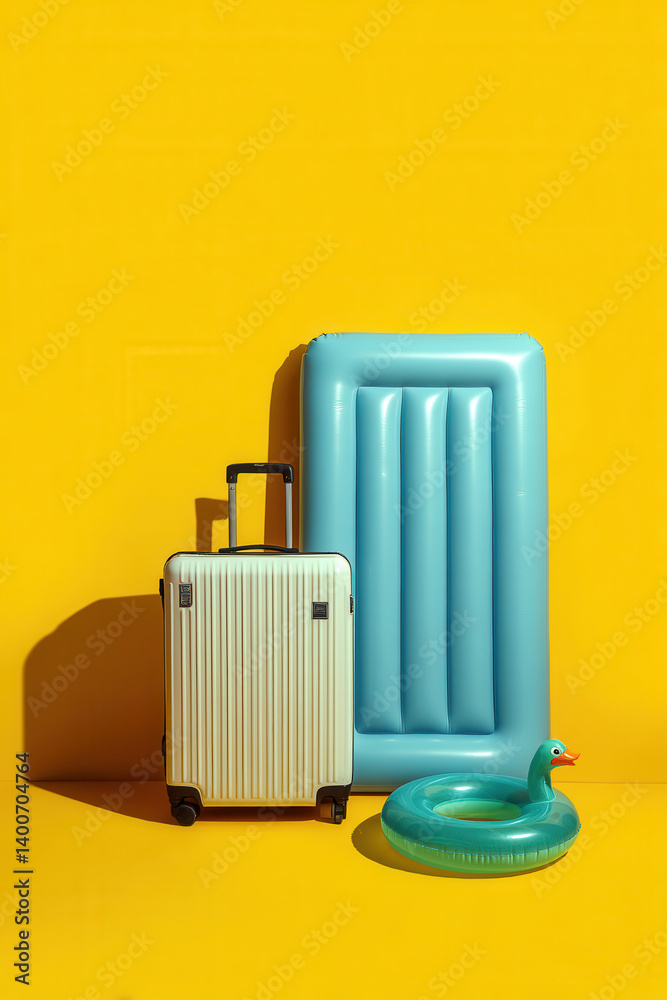 A white suitcase stands next to a blue inflatable mattress and a green pool float in a bright yellow environment, ideal for summer travel.