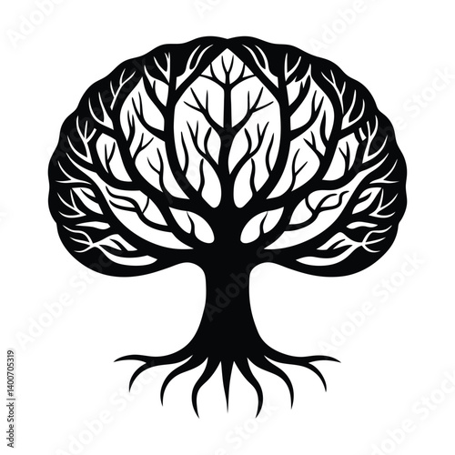 A brain combined with tree roots on white background
