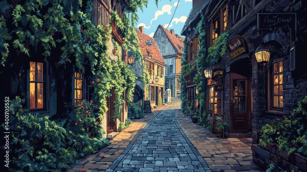 charming european town street with cobblestone path buildings draped in lush greenery and warm inviting light evoking a sense of old world charm charming european town street with cobblestone path buildings draped in lush greenery and warm inviting light evoking a sense of old world charm