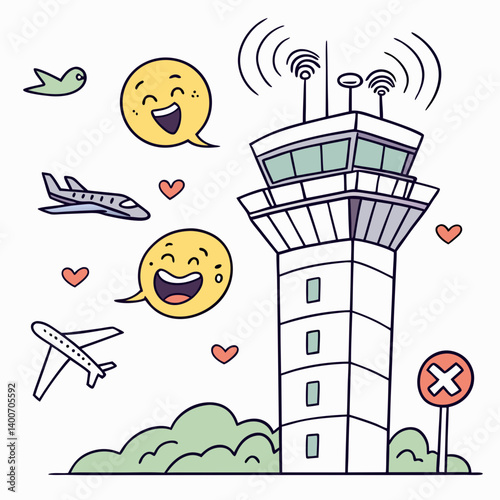 Cartoon airport tower emoji communicating with flying emojis