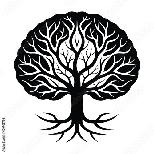 A brain combined with tree roots on white background.