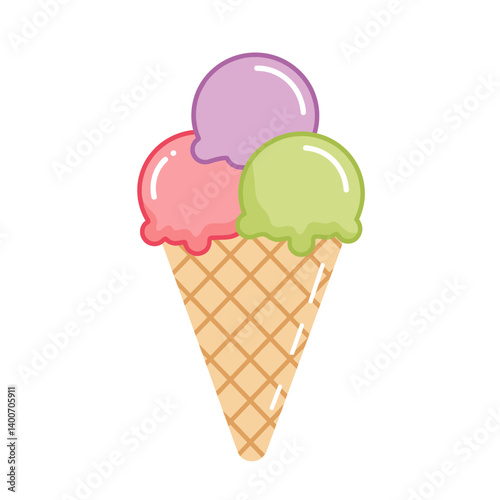 Sweet Temptation: A vibrant and whimsical depiction of a delicious ice cream cone, featuring three colorful scoops of ice cream artfully balanced atop a crispy waffle cone.