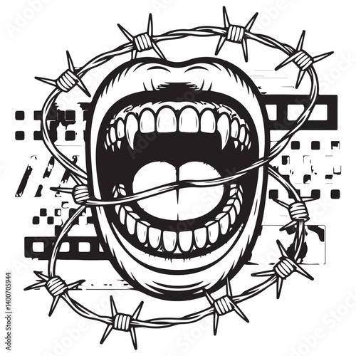 Vector Screaming Mouth with Sharp Teeth in Halftone Stipple Style – Barbed Wire, Glitch Effects, Brutalist Y2K Punk Collage on White Background