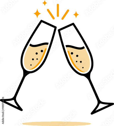 Festive Toast: Two elegant champagne flutes clink together in celebration. Bubbles rise in the golden liquid, crowned by sparkling light radiating from the point of contact.