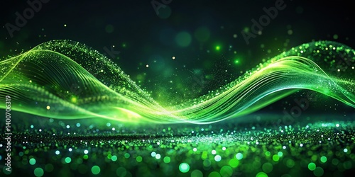 Abstract Green Particle Wave Silhouette - Dark Background Stock Photo