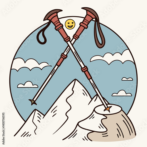 Trekking poles crossed over a peak emoji