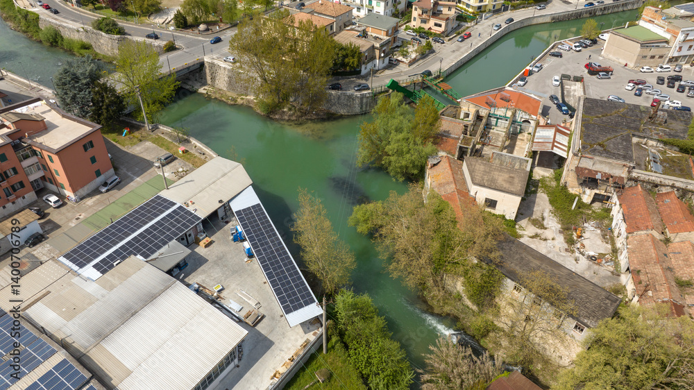Aerial view of the river in Isola del Liri, simply known as Isola Liri. It is an Italian city of Lazio, Italy, in the province of Frosinone.