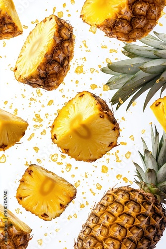 Pineapple slices with juice splash on white background
