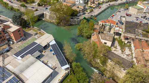 Obraz na płótnie Aerial view of the river in Isola del Liri, simply known as Isola Liri. It is an Italian city of Lazio, Italy, in the province of Frosinone. w salonie