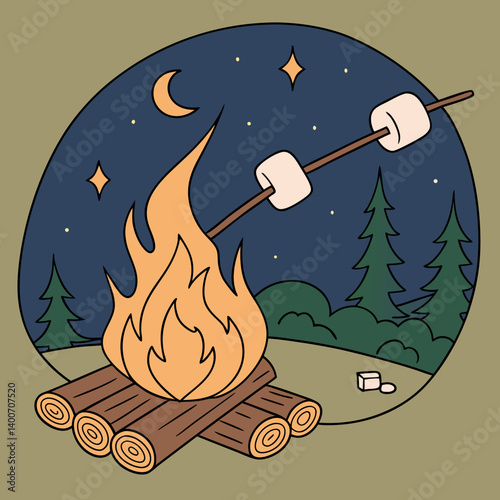Campfire with marshmallows and sparks flying