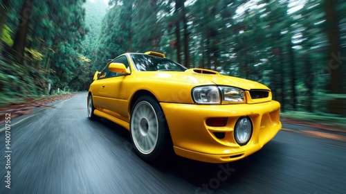 A bright yellow sports car races down a winding road within a lush, green forest.