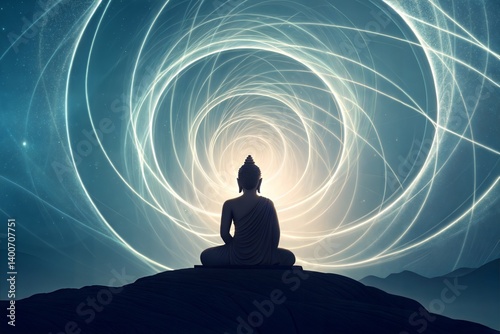 Buddha Statue with Glowing Light Trails, Abstract Spiritual Design