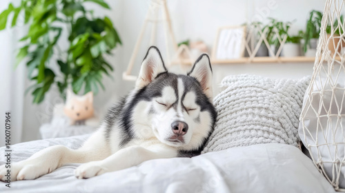 Tranquil rest: Sleeping husky dreams surrounded by soft bedding and comforting greens in serene home ambiance