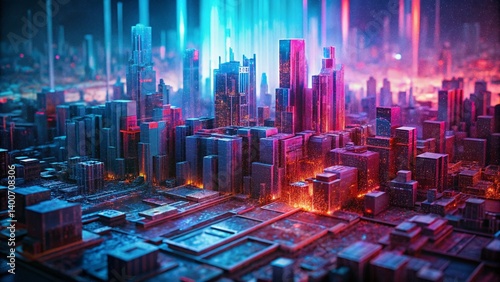 Abstract Glitch Cityscape: Red & Blue Digital Macro Photography