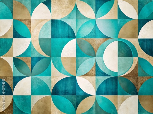 Abstract Geometric Teal Blue Beige White Circles Rectangles Modern Background Design