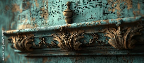 Ornate antique musical instrument detail, aged teal and gold photo