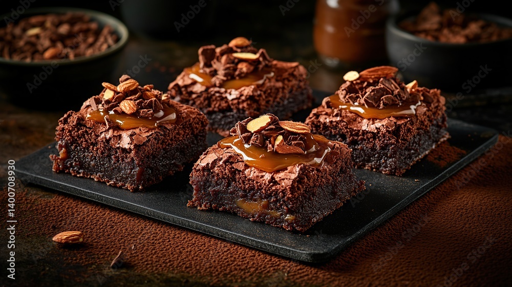 Rich and fudgy brownies with slivers of almond and a drizzle of caramel sauce