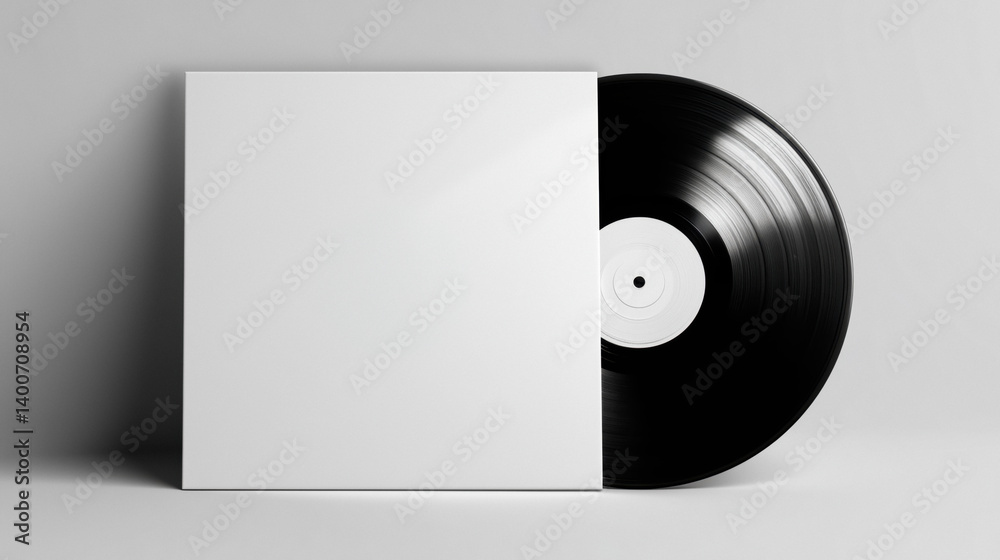 Blank white record cover with a black vinyl record next to it, against a white background with shadows.