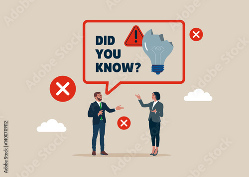 Businessman with woman talk or have lively discussion in office. Did you know sticker with gray, broken light bulb and speech bubble. No ideas. Not solve the problem. Flat vector illustration. 
