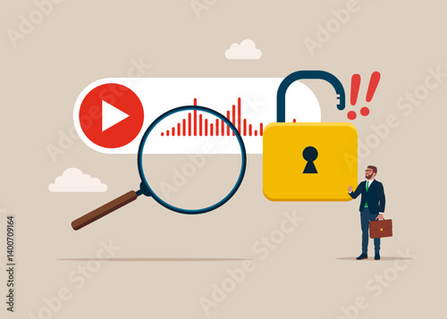 Voice message and sound waves hacking. Blocked voice message. Hacking and exploit results. Flat vector Illustration.