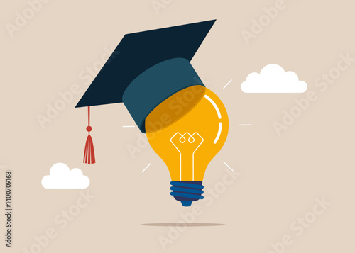 Light bulb wearing academic mortarboard hat. Education curriculum, overseas school, college and university. Flat vector illustration