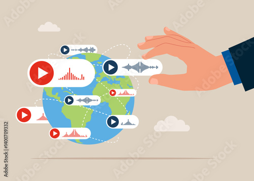 Hand put voice messages on world map across globe. Global business expansion, open company branches, franchise in new location to cover all continent, growing business worldwide. Vector