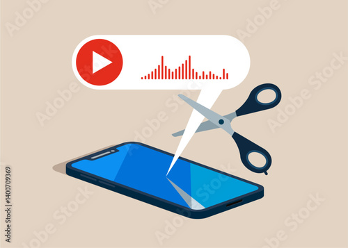 Do not disturb. Uses scissors to cut out the voice message. Block unwanted voice messages, filter voice messages from unknown senders. Flat vector illustration.