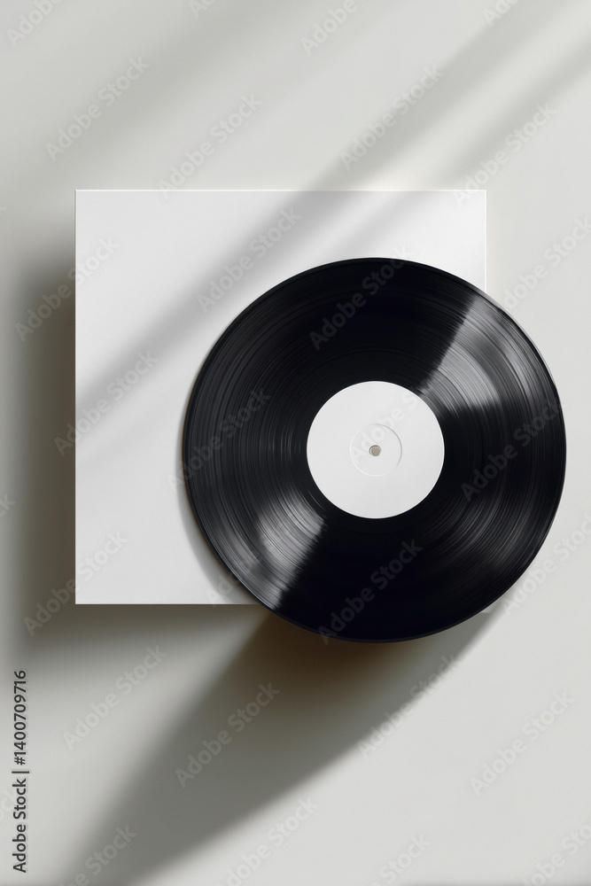 Blank white record cover with a black vinyl record next to it, against a white background with shadows.