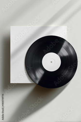Blank white record cover with a black vinyl record next to it, against a white background with shadows.